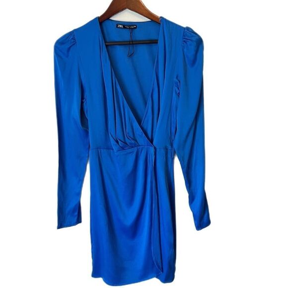 Zara Satin Effect Long Sleeve Front Wrap Mini Dress - Picture 2 of 6